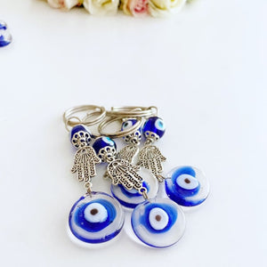 Silver Hamsa Evil Eye Keychain, Blue Glass Evil Eye Bead, Hamsa Hand Charm