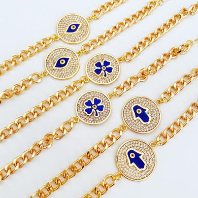 Evil Eye Bracelet, Gold Link Chain Bracelet, Stacking Bracelet, Clover Hamsa