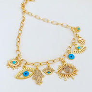 Evil Eye Charm Necklace, Paperclip Gold Chain Necklace, Evil Eye Bead