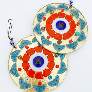 Patterned Evil Eye Wall Hanging, Handmade Glass Wall Decor, Orange Wall Hanging