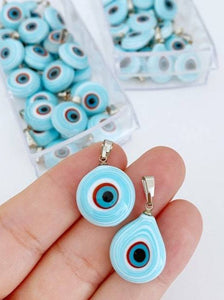 Handmade Glass Evil Eye Charm, Turquoise Evil Eye Bead, Oval Round Evil Eye