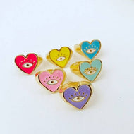 Evil Eye Signet Ring, Colorful Heart Ring, Evil Eye Charm Ring, Gold Plated Ring