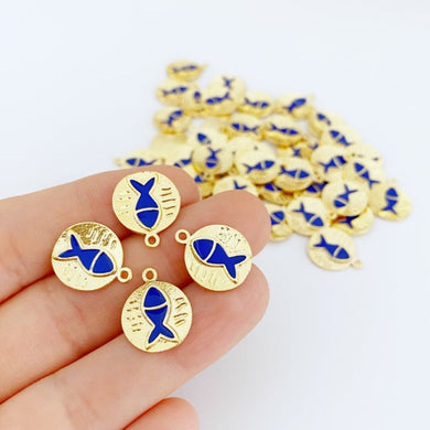 Gold Fish Charm, Lucky Charm, Gold Disc Charm, Blue Fish Charm