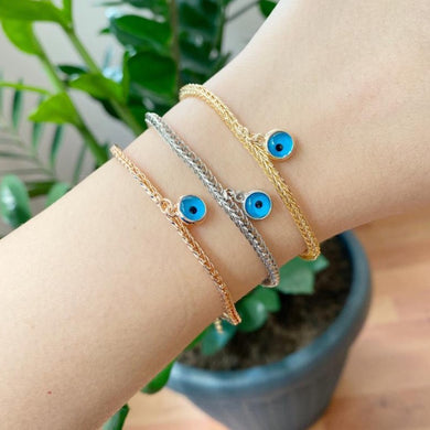 Evil Eye Chain Bracelet, Blue Evil Eye Bead, Byzantine Chain, Rose Gold Silver - Evileyefavor