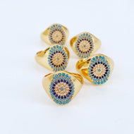 Signet Evil Eye Ring, Gold Evil Eye Ring, Adjustable Open Band Ring, Zircon Ring - Evileyefavor