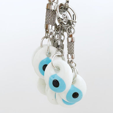 White Evil eye keychain, Glass Evil Eye Beads, Silver Keychain