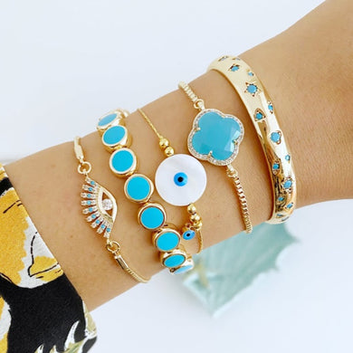 Gold Evil Eye Bracelet, Turquoise Bead Bracelet, Bangle Bracelet