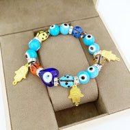 Evil Eye Bracelet, Turquoise Evil Eye Bead, Stretchable Bracelet, Gold Hamsa Charm