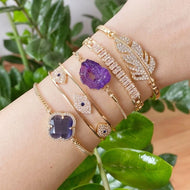 Gold Evil Eye Bracelet, Amethyst Charm Bracelet, Zircon Cuff Bracelet, Clover Charm