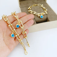 Gold Open Link Chain Bracelet, Chunky Link Chain Bracelet, Blue Evil Eye Bracelet