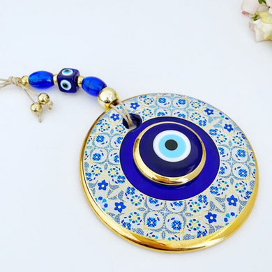 Blue Evil Eye Wall Hanging, 13cm, White Patterned Evil Eye Wall Decor