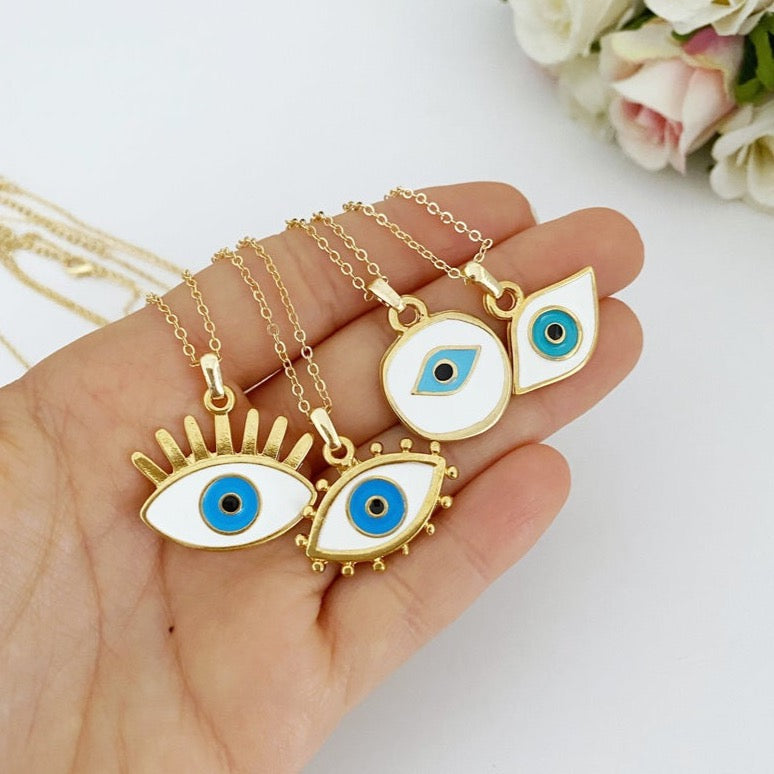 Evil Eye Necklace, White Evil Eye Bead, Gold Necklace, Eye-shaped Charm
