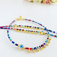 Evil Eye Anklet, Seed Beads Anklet, Rainbow Beach Anklet, Evil Eye Jewelry