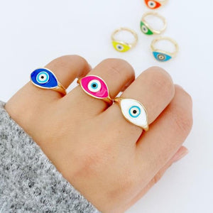 Dainty Evil Eye Ring, Gold Evil Eye Ring, Adjustable Ring, White Pink Evil Eye
