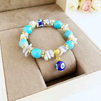 Evil Eye Bracelet, Baroque Bead Bracelet, Stretch Bracelet, Turquoise Bead