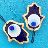 Blue Hamsa Wall Hanging, Evil Eye Wall Hanging, Fused Glass Bead, Greek - Evileyefavor