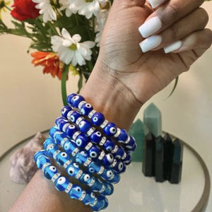Evil Eye Bracelet, Beaded  Bracelet, Stretchable Bracelet, Blue or Turquoise Beads