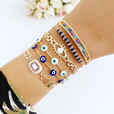 Blue Evil Eye Bracelet, Bangle Evil Eye Bracelet, Gold Chain Bracelet