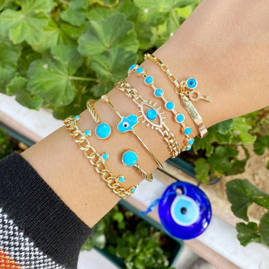 Gold Evil Eye Bracelet, Gold Link Chain Bracelet, Bangle Evil Eye Jewelry