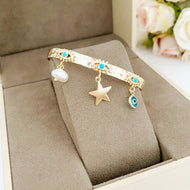 Evil Eye Cuff Bracelet, Hammered Cuff Bracelet, Waterproof Bracelet, Star Pearl Charm