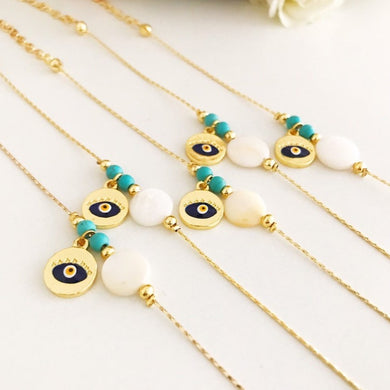 Gold Chain Evil Eye Bracelet, Mother of Peal Charm Bracelet, Dainty Bracelet - Evileyefavor