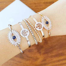 Evil Eye Baguette Bracelet, Tree of Life Bangle Bracelet, Rose Gold Silver