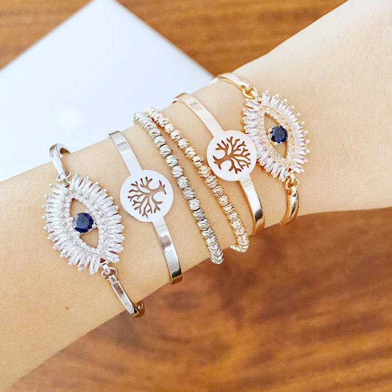 Evil Eye Baguette Bracelet, Tree of Life Bangle Bracelet, Rose Gold Silver