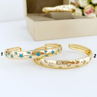Gold Wide Bangle Bracelet, Star Charm Bracelet, Turquoise Bead Bracelet