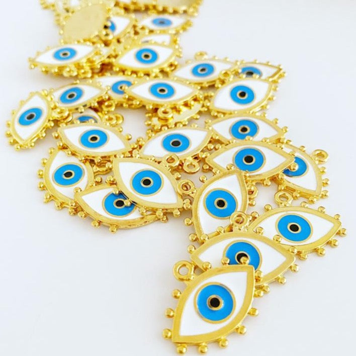 White Evil Eye Charm, Enamel Evil Eye Bead, Gold Evil Eye Pendant