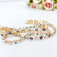 Evil Eye Bracelet, Gold Link Chain Bracelet, Blue White Evil Eye Bead