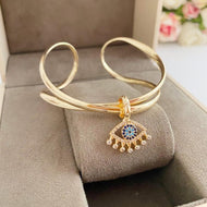 Evil Eye Bangle Bracelet, Adjustable Wide Cuff Bracelet, Gold Cuff Bracelet