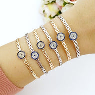 Evil eye bracelet, bangle evil eye bracelet, zircon evil eye charm, knitting - Evileyefavor