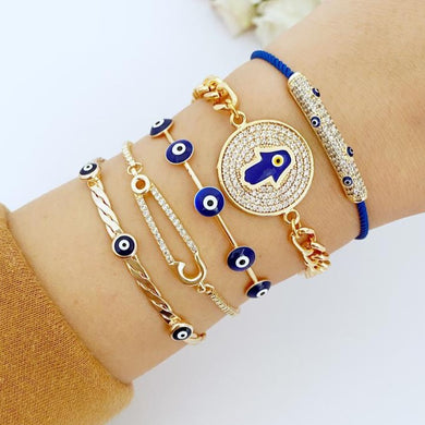 Blue Evil Eye Bracelet, Evil Eye Jewelry, Cuff Bracelet, Zircon Hamsa Hand