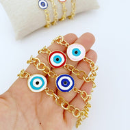 Chunky Gold Chain Evil Eye Bracelet, Brass Evil Eye Charm, Gold Chain Bracelet