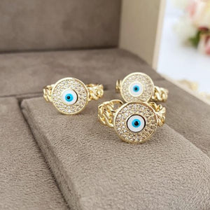 Gold Evil Eye Ring, Curb Chain Ring, Zircon Charm Ring, Adjustable Ring