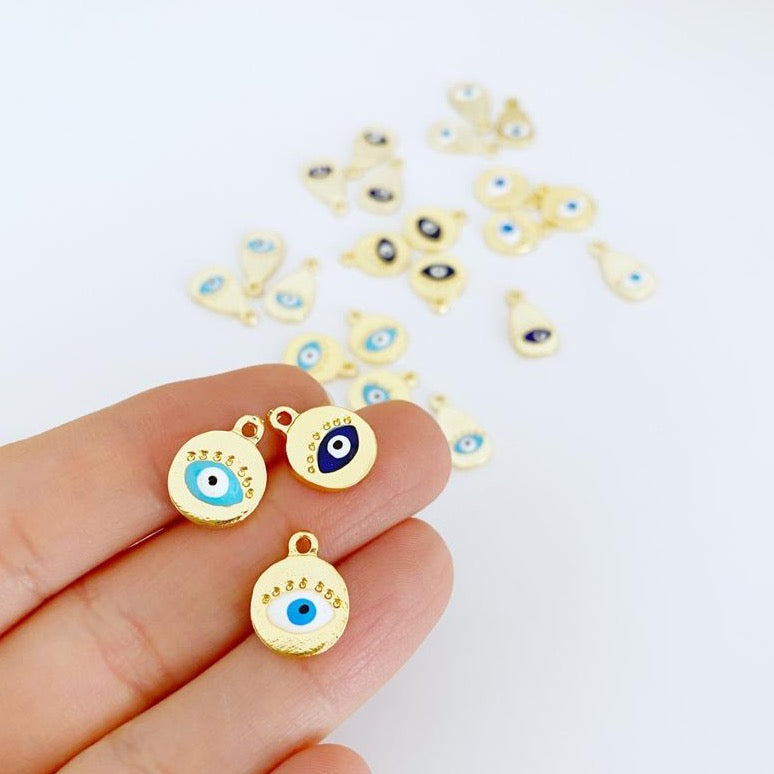 Gold Evil Eye Charm, 5pcs Evil Eye Pendant, Blue White Evil Eye, Round Teardrop Evil Eye