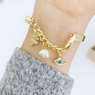 Gold Cuff Bracelet, Evil Eye Charm Bracelet, Stacking Bangle