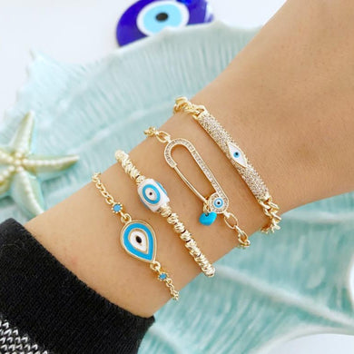 Gold Evil Eye Bracelet, Safety Pin Bracelet, Zirconia Dorica Beads Bracelet