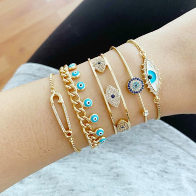 Gold Evil Eye Bracelet Set, Bangle Bracelet, Evil Eye Jewelry, Blue Evil Eye - Evileyefavor