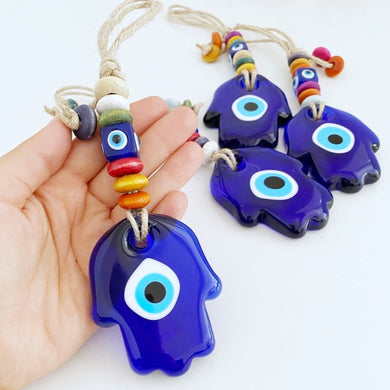 Blue Evil Eye Wall Hanging, Glass Hamsa Wall Hanging