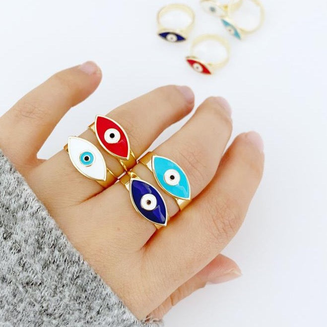 Evil Eye Ring, Adjustable Ring, Gold Band Ring, Blue White Red Evil Eye
