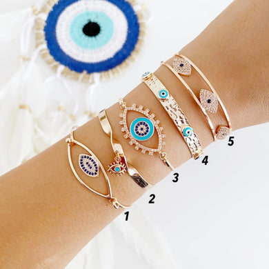 Cuff Evil Eye Bracelet, Rose Gold Bracelet Set, Bangle Bracelet