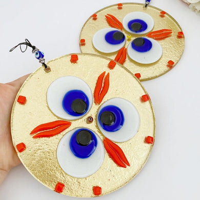 Gold Evil Eye Wall Hanging, Handmade Evil Eye Bead, Fused Glass Wall Hanging