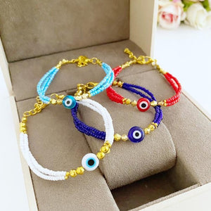 Seed Beads Evil Eye Bracelet, White Blue Red Evil Eye Beads, Beaded Bracelets