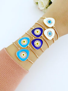 Evil Eye Bracelet, Blue Evil Eye Charm, Adjustable Bracelet, Gold Rose Bracelet