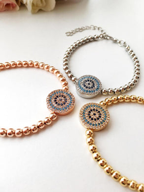 Evil Eye Beaded Bracelet, Rose Gold Silver Bracelet, Zircon Bracelet - Evileyefavor