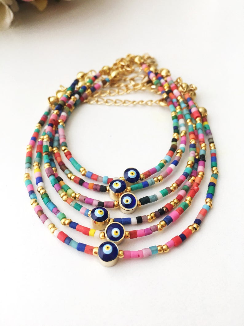 Rainbow Evil Eye Bracelet, Seed Beads Bracelet, Greek Evil Eye Jewelry - Evileyefavor