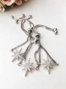 Silver Star Bracelet, Adjustable Silver Bracelet, Zircon Star Charm Bracelet - Evileyefavor