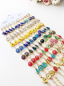 Chain Link Bracelet, 12mm Glass Evil Eye Beads, Rainbow Evil Eye Beads, Evil Eye Jewelry