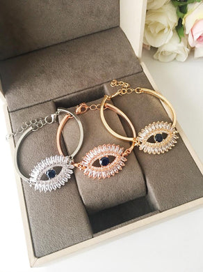 Cz Baguette Bracelet, Evil Eye Chain Bracelet, Rose Gold Silver Bracelet - Evileyefavor